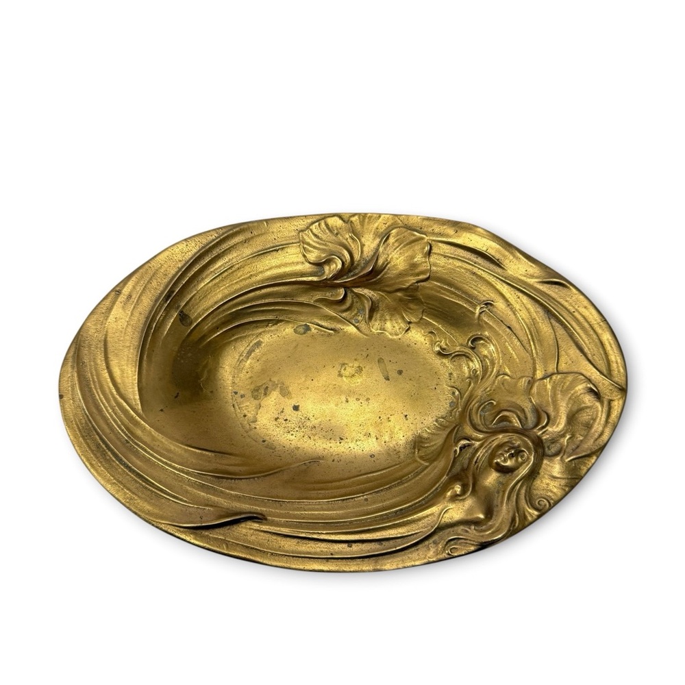 Vintage Art Nouveau Ethereal Woman Iris Floral Solid Brass Trinket Dish Catchall - Picture 1 of 12